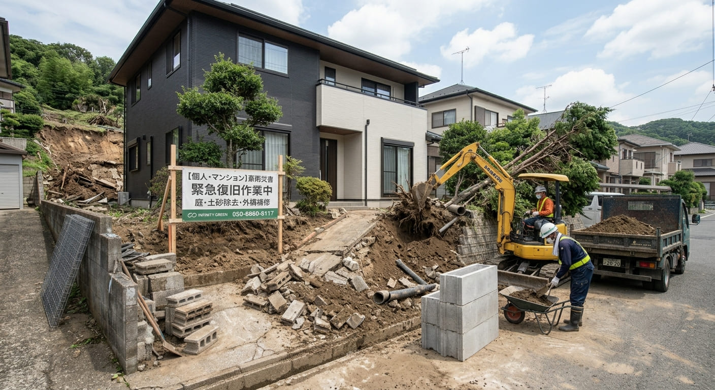 住宅アプローチ・境界部分の崩落と復旧